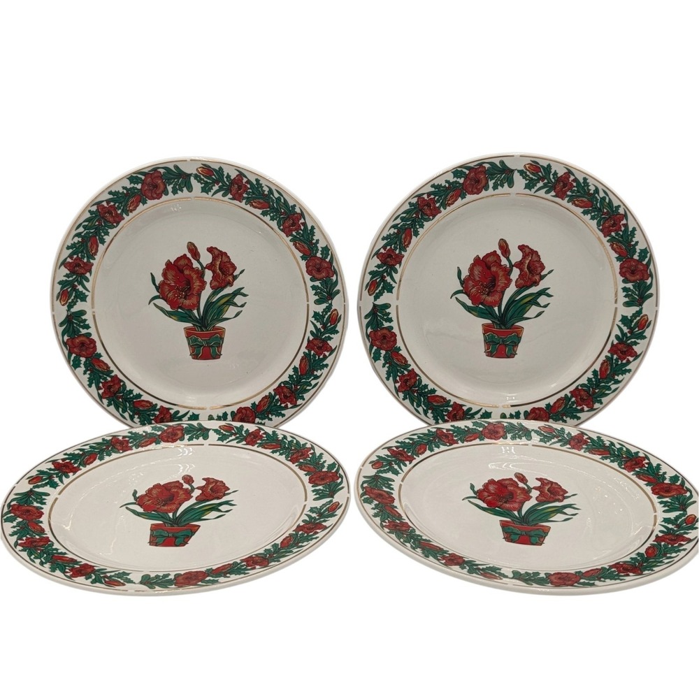 Vintage Wangs Christmas Dessert Plates Poinsettia Holiday Dinner Set Of Four
